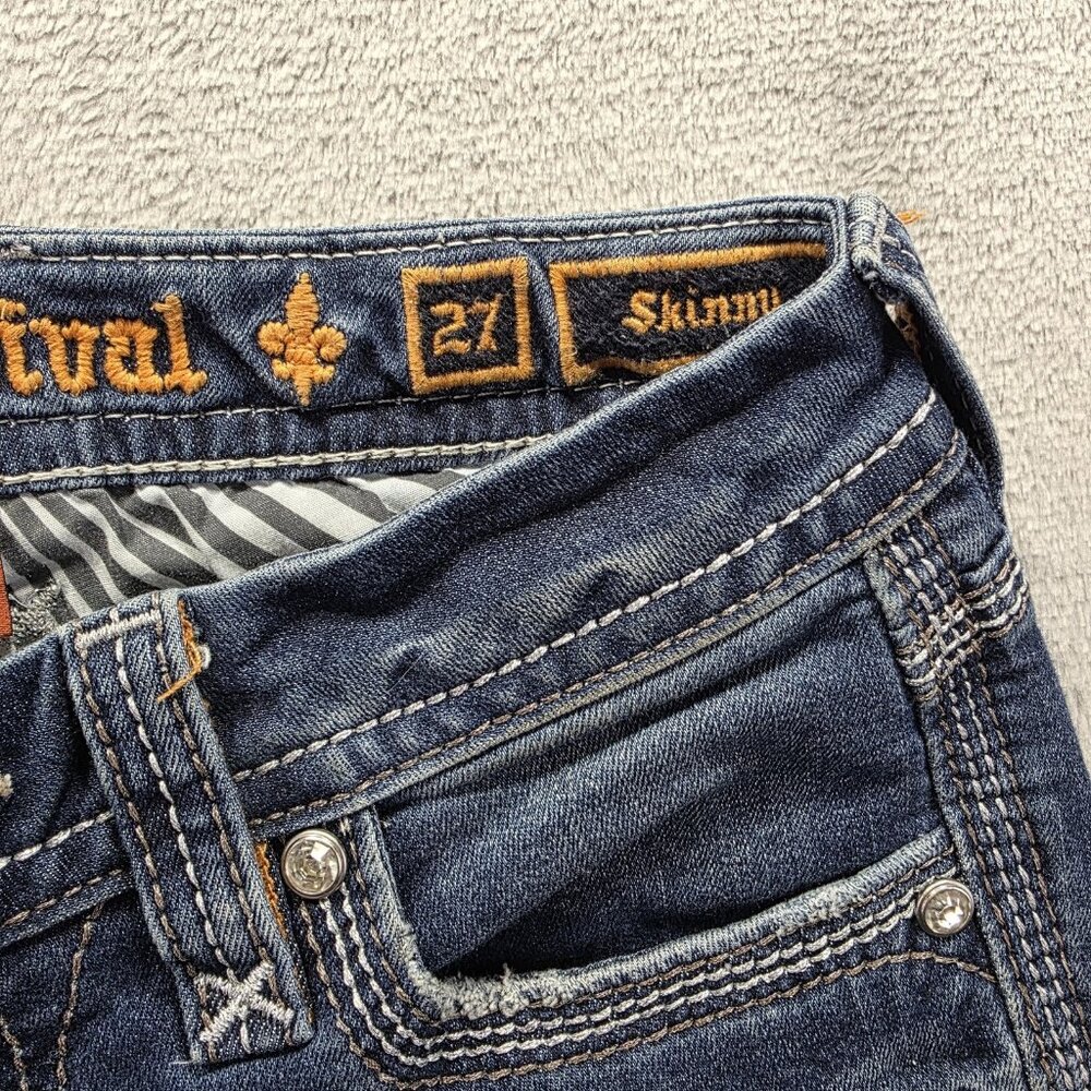 Rock Revival Jeans Womens 27 Blue Piera Skinny Raw Hem Embroidered Fleur de Lis - Picture 5 of 11